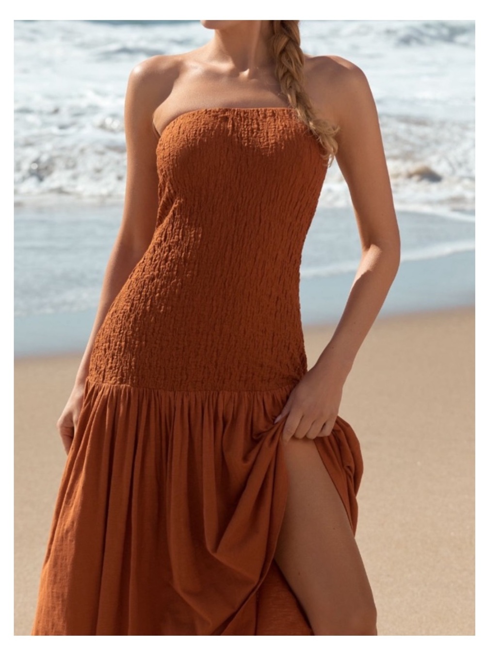 NWT CELANDINE by ANTHROPOLOGIE Strapless Popcorn Midi Dress in Rusted Brown